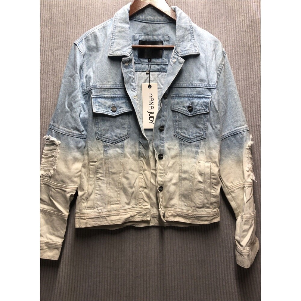 nANA JUDY Jean Jacket Denim Jeans Small Indigo Ombre Crop Factory Destroyed NWT